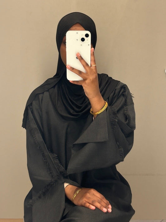 Black Frayed Linen Abaya
