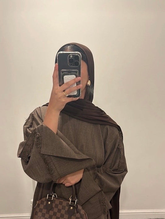 Brown Frayed Linen Abaya