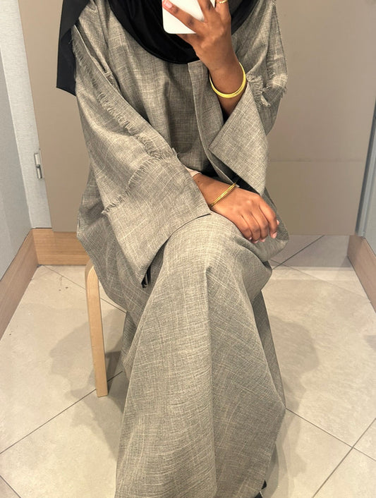 Grey/Taupe Frayed Linen Abaya